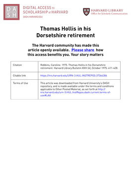Thomas Hollis in His Dorsetshire Retirement