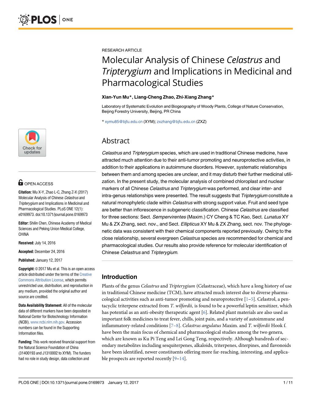 Molecular Analysis of Chinese Celastrus and Tripterygium and Implications in Medicinal and Pharmacological Studies
