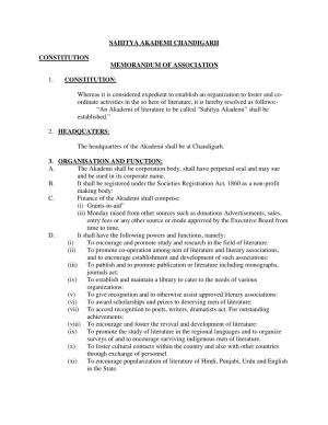 SAHITYA AKADEMI CHANDIGARH CONSTITUTION MEMORANDUM of ASSOCIATION 1. CONSTITUTION: Whereas It Is Considered Expedient to Establi