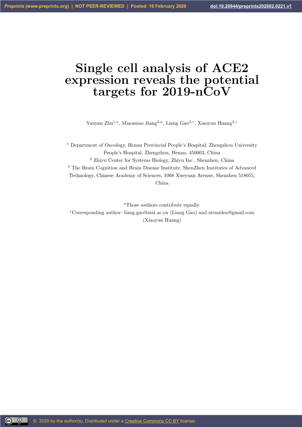 Single Cell Analysis of ACE2 Expression Reveals the Potential Targets for 2019-Ncov