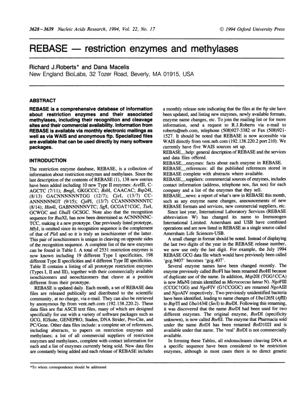 REBASE — Restriction Enzymes and Methylases