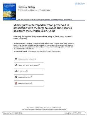 Middle Jurassic Tetrapod Burrows Preserved in Association with the Large Sauropod Omeisaurus Jiaoi from the Sichuan Basin, China