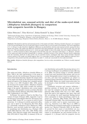 Microhabitat Use, Seasonal Activity and Diet of the Snake-Eyed Skink (Ablepharus Kitaibelii ﬁtzingeri)Incomparison with Sympatric Lacertids in Hungary