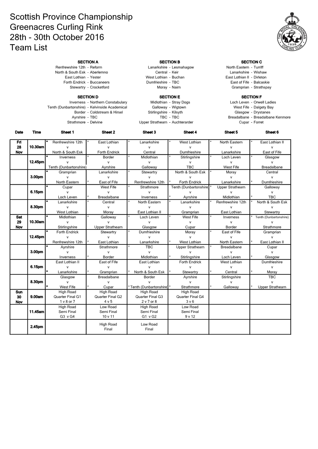 Scottish Province Championship Greenacres Curling Rink 28Th - 30Th October 2016 Team List