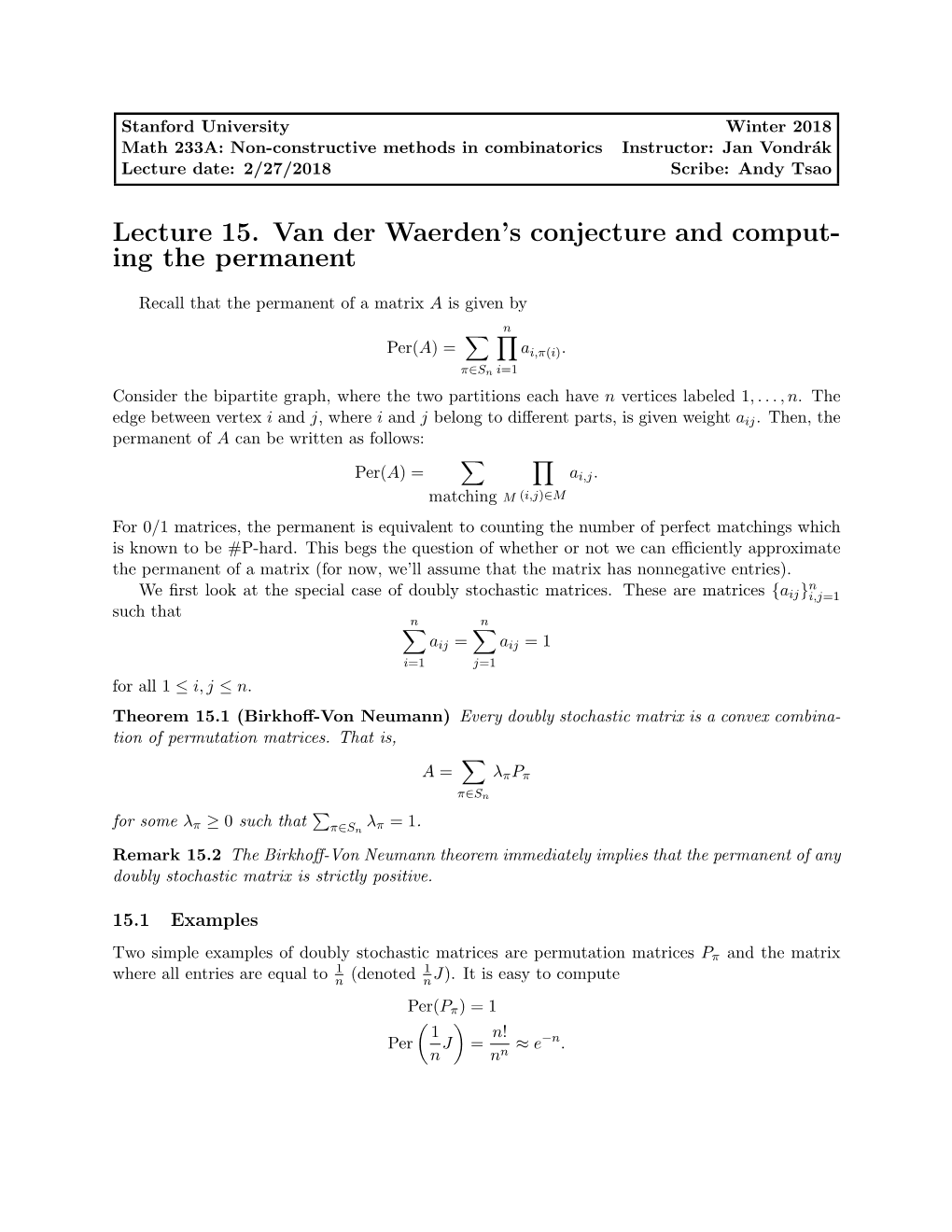 Lecture 15. Van Der Waerden's Conjecture and Comput