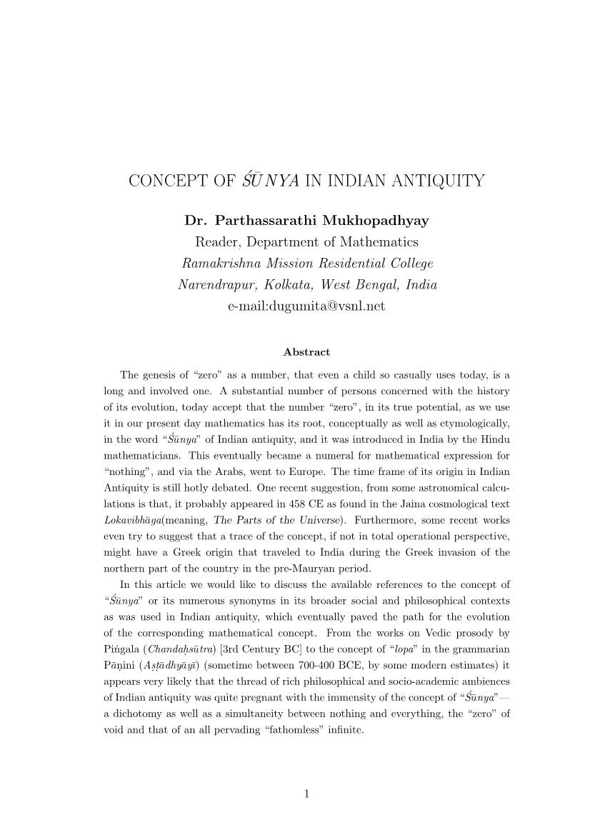 Concept of ´S¯Unya in Indian Antiquity