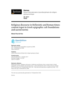 Religious Discourse in Hellenistic and Roman Times: Content Topoi in Greek Epigraphic Cult Foundations and Sacred Norms