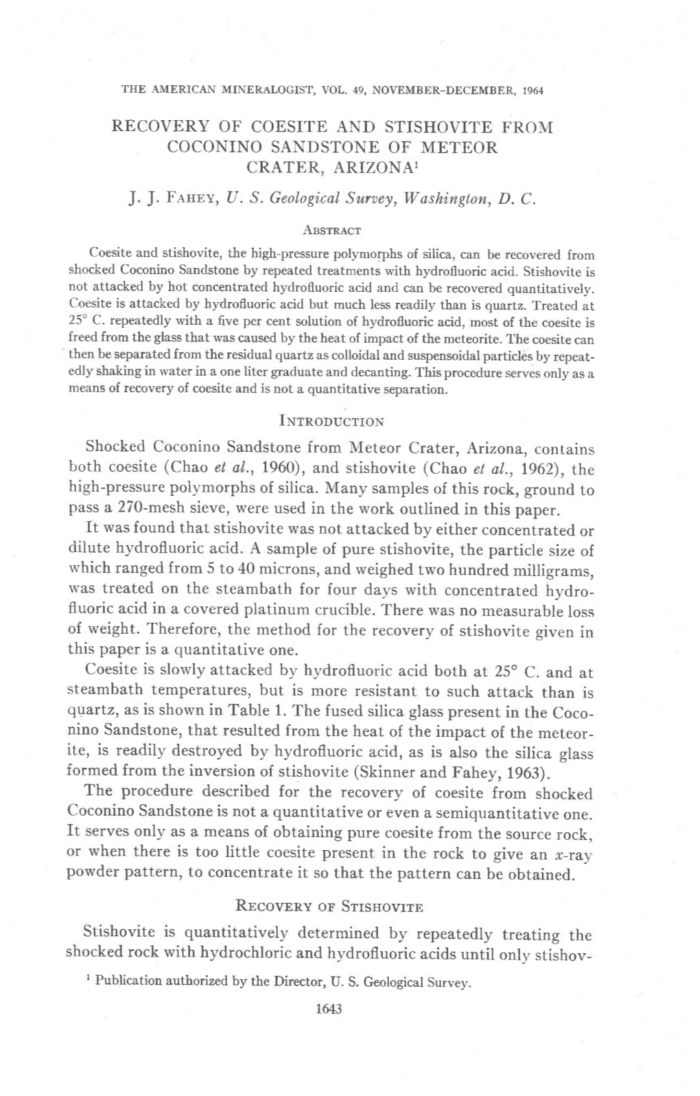 RECOVERY of COESITE and STISHOVITE FRO\I COCONINO SANDSTONE of METEOR CRATER, ARIZONA1 J. J. Faunv, U. S. Geological Suraey