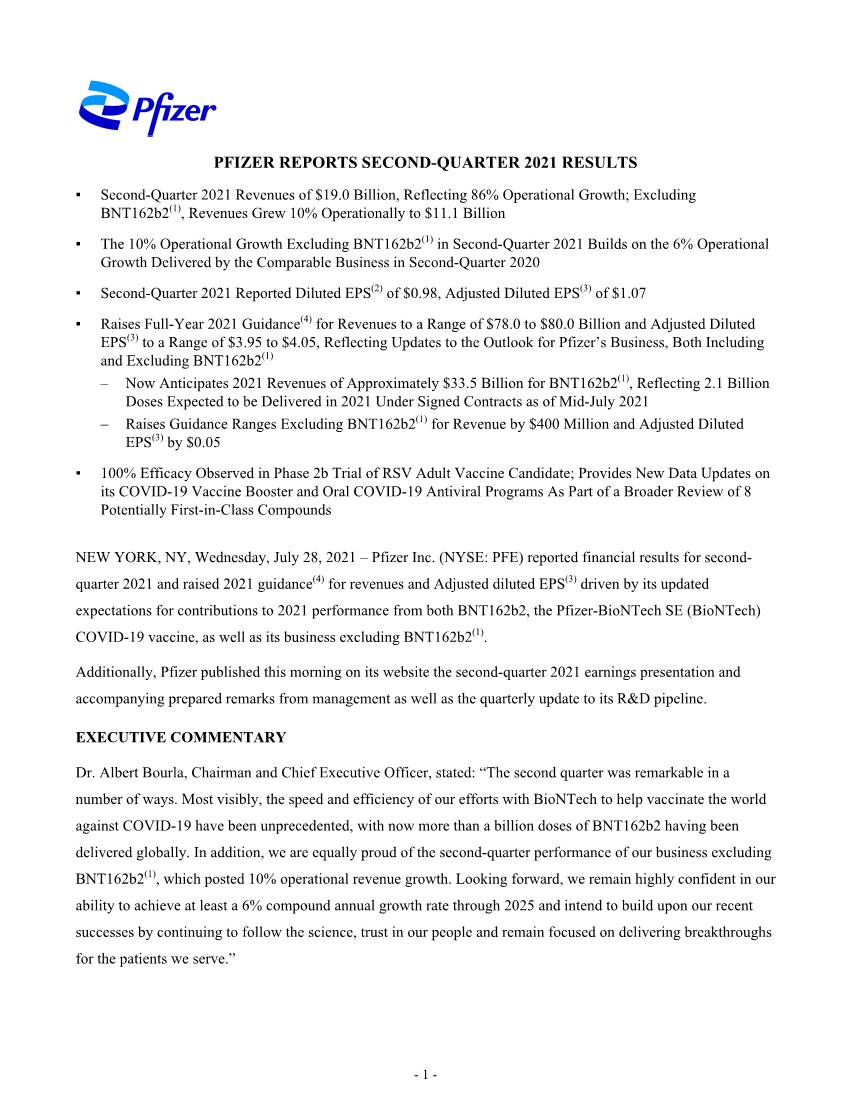 Pfizer Reports Second-Quarter 2021 Results