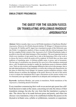 The Quest for the Golden Fleece: on Translating Apollonius Rhodius' Argonautica