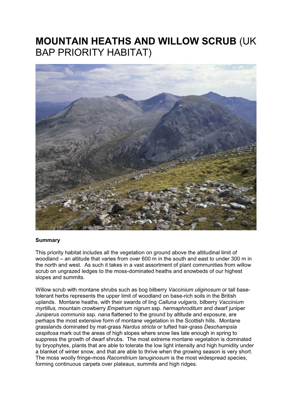 Mountain Heaths and Willow Scrub (Uk Bap Priority Habitat)