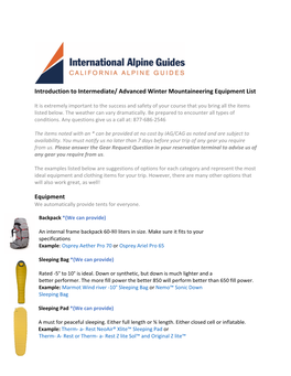 Advanced Winter Mountaineering Equipment List Equipment