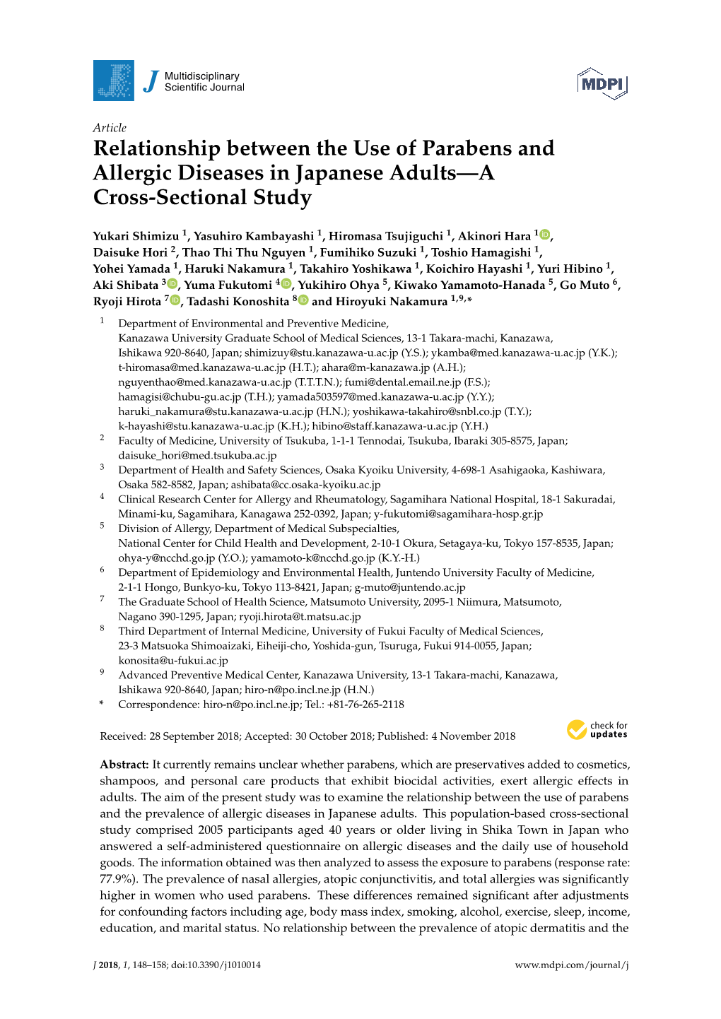 Relationship Between the Use of Parabens and Allergic Diseases in Japanese Adults—A Cross-Sectional Study