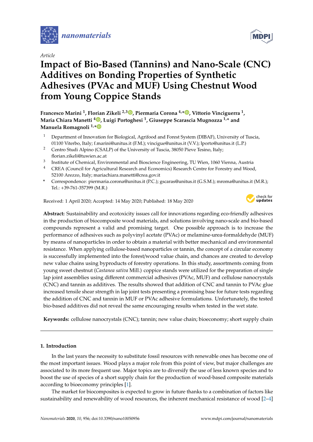 (CNC) Additives on Bonding Properties of Synthetic Adhesives (Pvac and MUF) Using Chestnut Wood from Young Coppice Stands