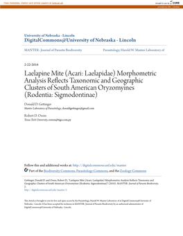 Laelapine Mite (Acari: Laelapidae) Morphometric Analysis Reflects Taxonomic and Geographic Clusters of South American Oryzomyines (Rodentia: Sigmodontinae) Donald D