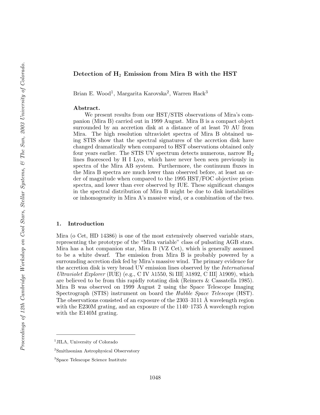 Detection of H2 Emission from Mira B with the HST Color of Brian E