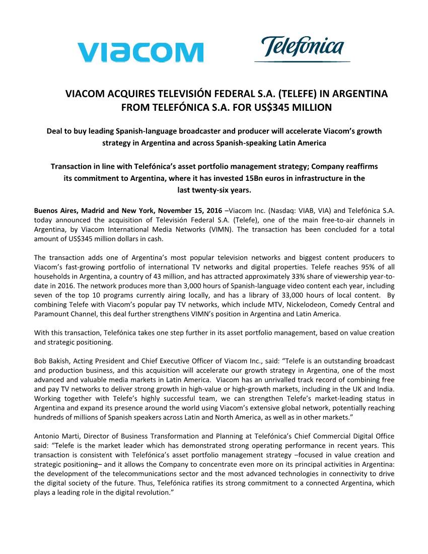 Viacom Acquires Televisión Federal S.A. (Telefe) in Argentina from Telefónica S.A. for Us$345 Million