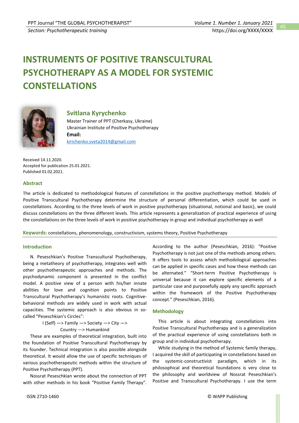 THE GLOBAL PSYCHOTHERAPIST. Vol.1. No.1. Jan'2021 Svitlana Kyryc