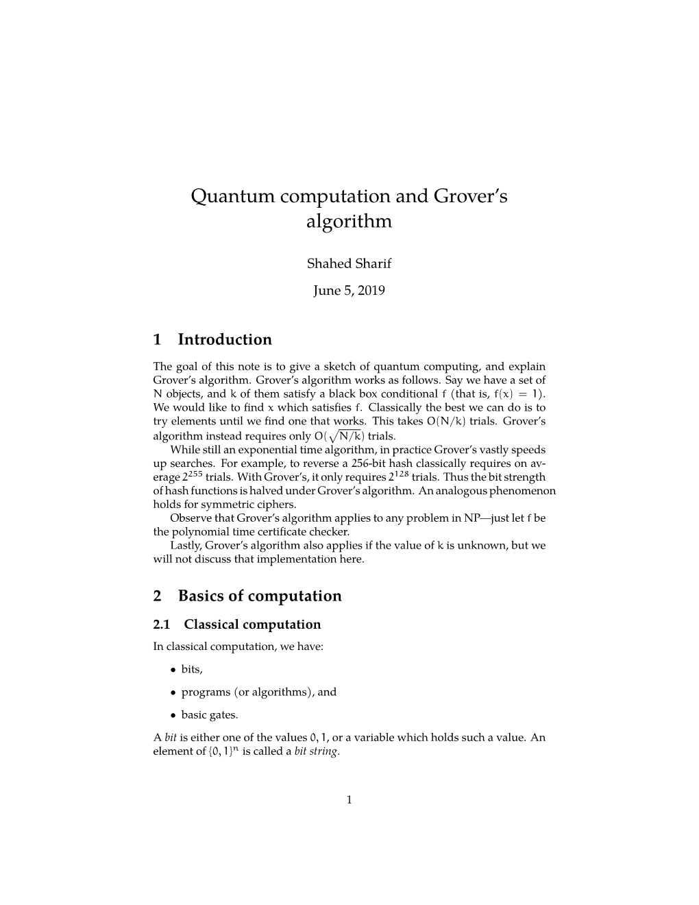 Quantum Computation and Grover's Algorithm