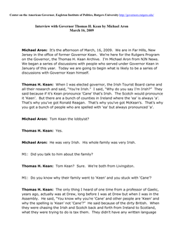 Interview with Governor Thomas H. Kean by Michael Aron March 16, 2009