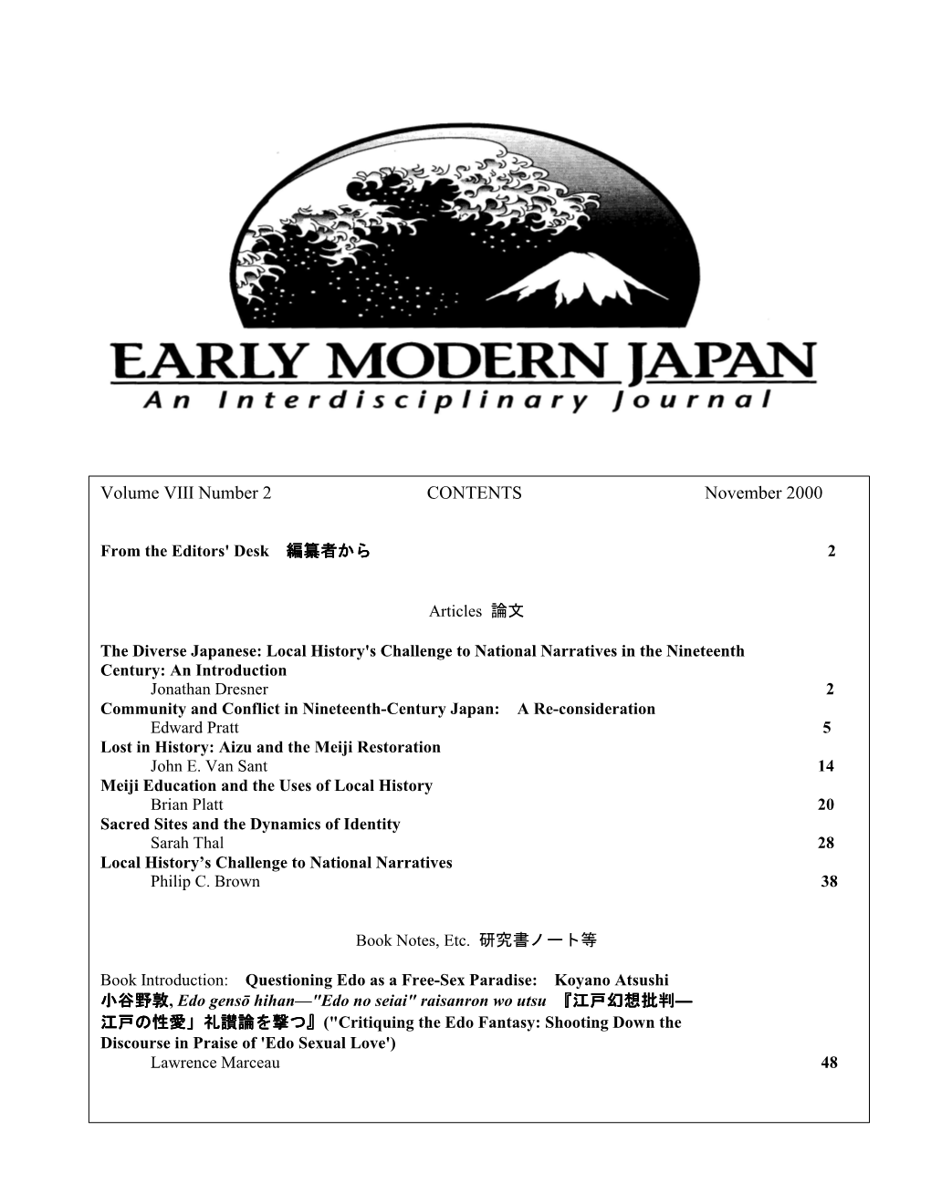 November 1999 EARLY MODERN JAPAN 1