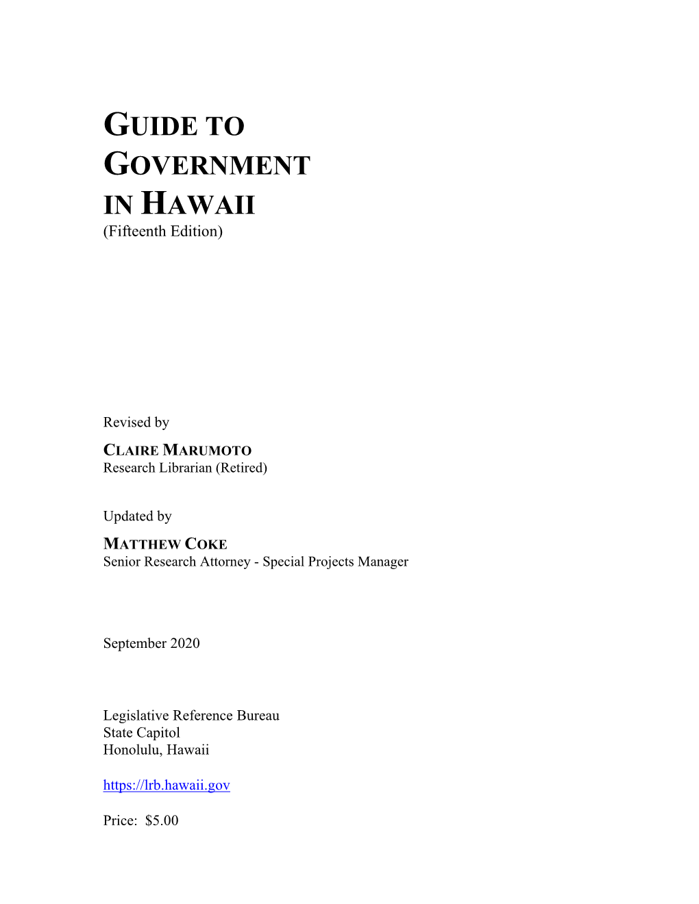 GUIDE to GOVERNMENT in HAWAII (Fifteenth Edition)