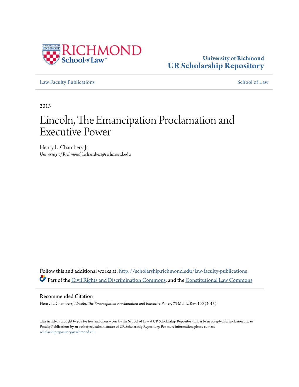 Lincoln, the Emancipation Proclamation and Executive Power, 73 Md