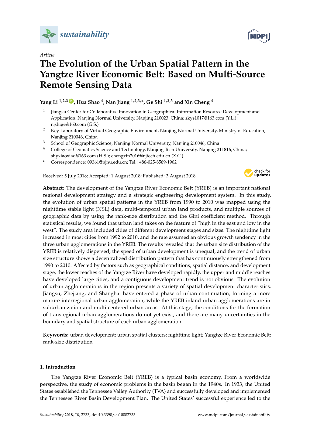 The Evolution of the Urban Spatial Pattern in the Yangtze River Economic Belt: Based on Multi-Source Remote Sensing Data