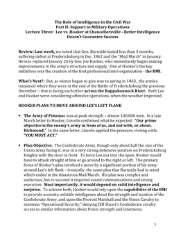The Role of Intelligence in the Civil War Part II: Support to Military Operations Lecture Three: Lee Vs