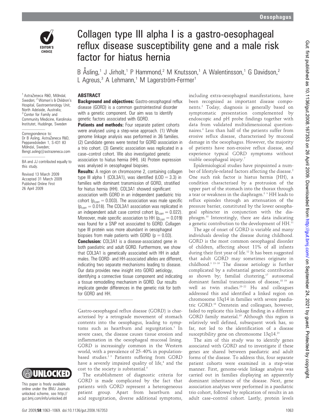 Collagen Type III Alpha I Is a Gastro-Oesophageal Reflux Disease