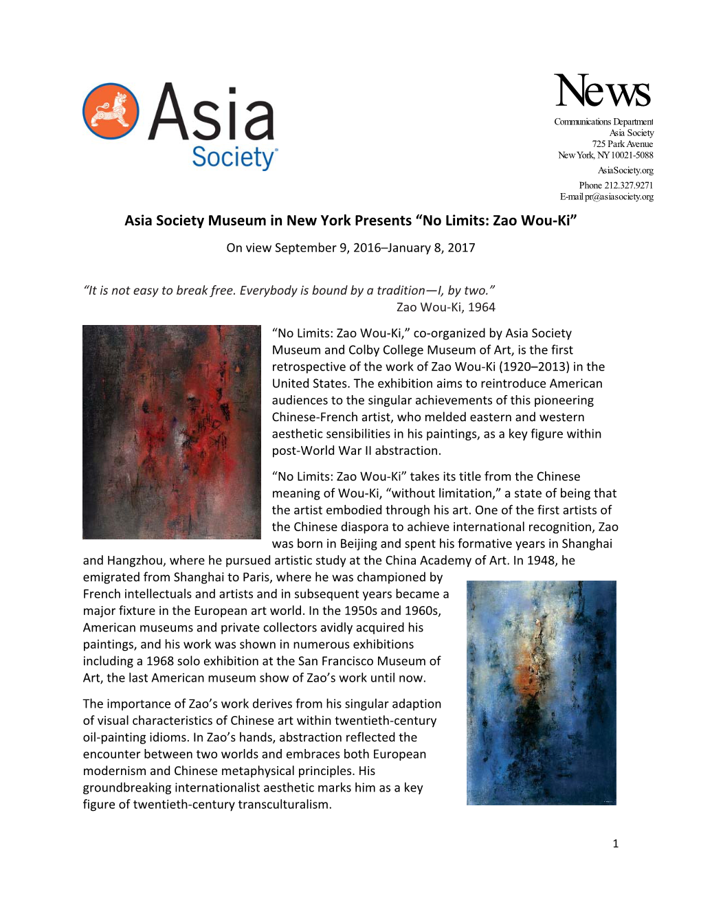 Asia Society Museum in New York Presents “No Limits: Zao Wou‐Ki” on View September 9, 2016–January 8, 2017