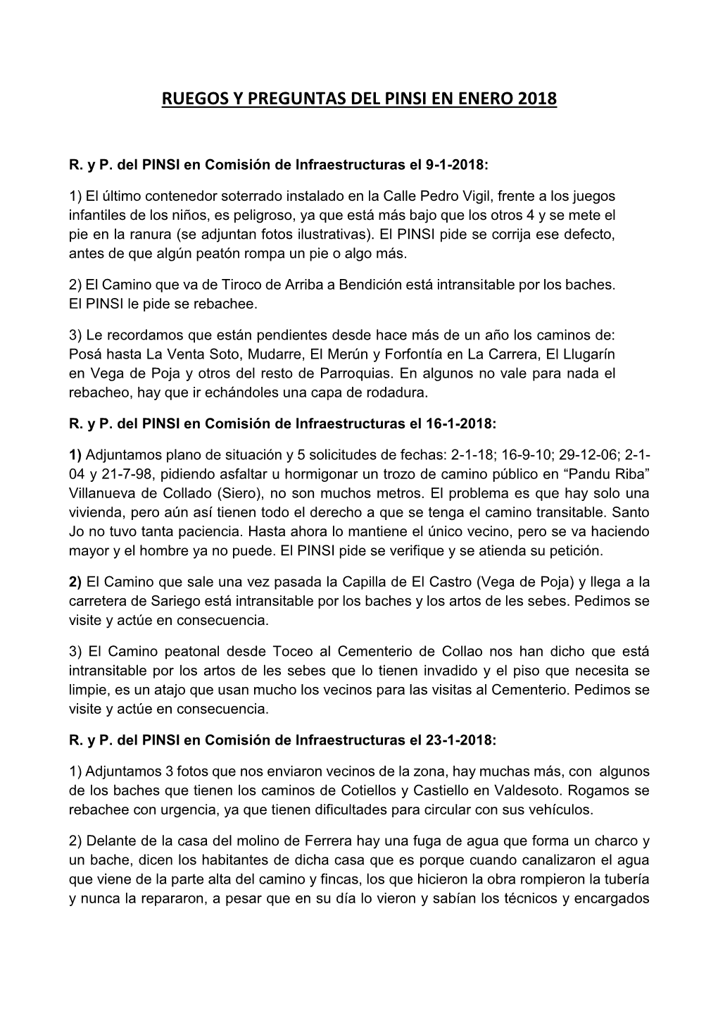 Ruegos Y Preguntas Del Pinsi En Enero 2018