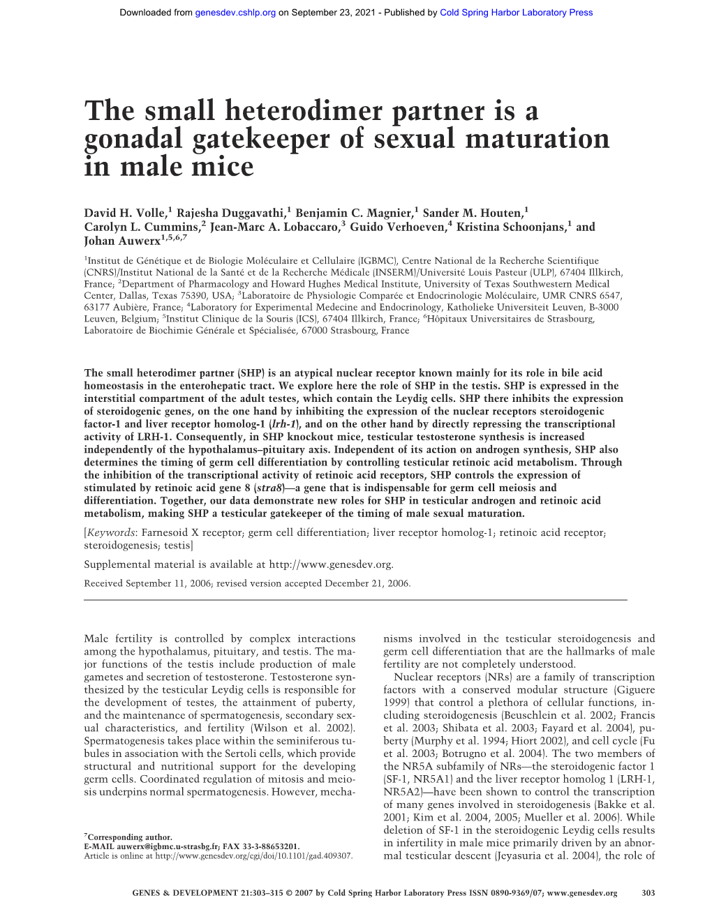 The Small Heterodimer Partner Is a Gonadal Gatekeeper of Sexual Maturation in Male Mice