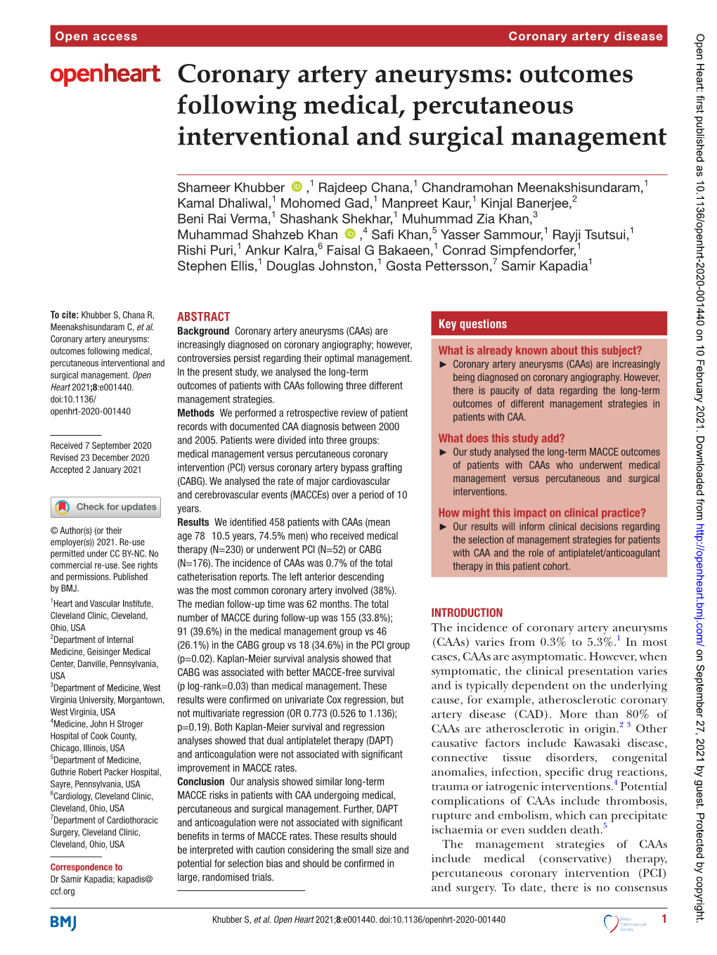 Coronary Artery Aneurysms: Outcomes Following Medical, Percutaneous Interventional and Surgical Management