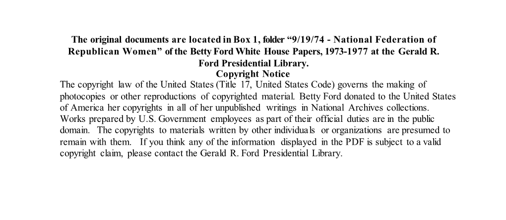 9/19/74 - National Federation of Republican Women” of the Betty Ford White House Papers, 1973-1977 at the Gerald R