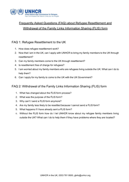 Frequently Asked Questions (FAQ) About Refugee Resettlement and Withdrawal of the Family Links Information Sharing (FLIS) Form F