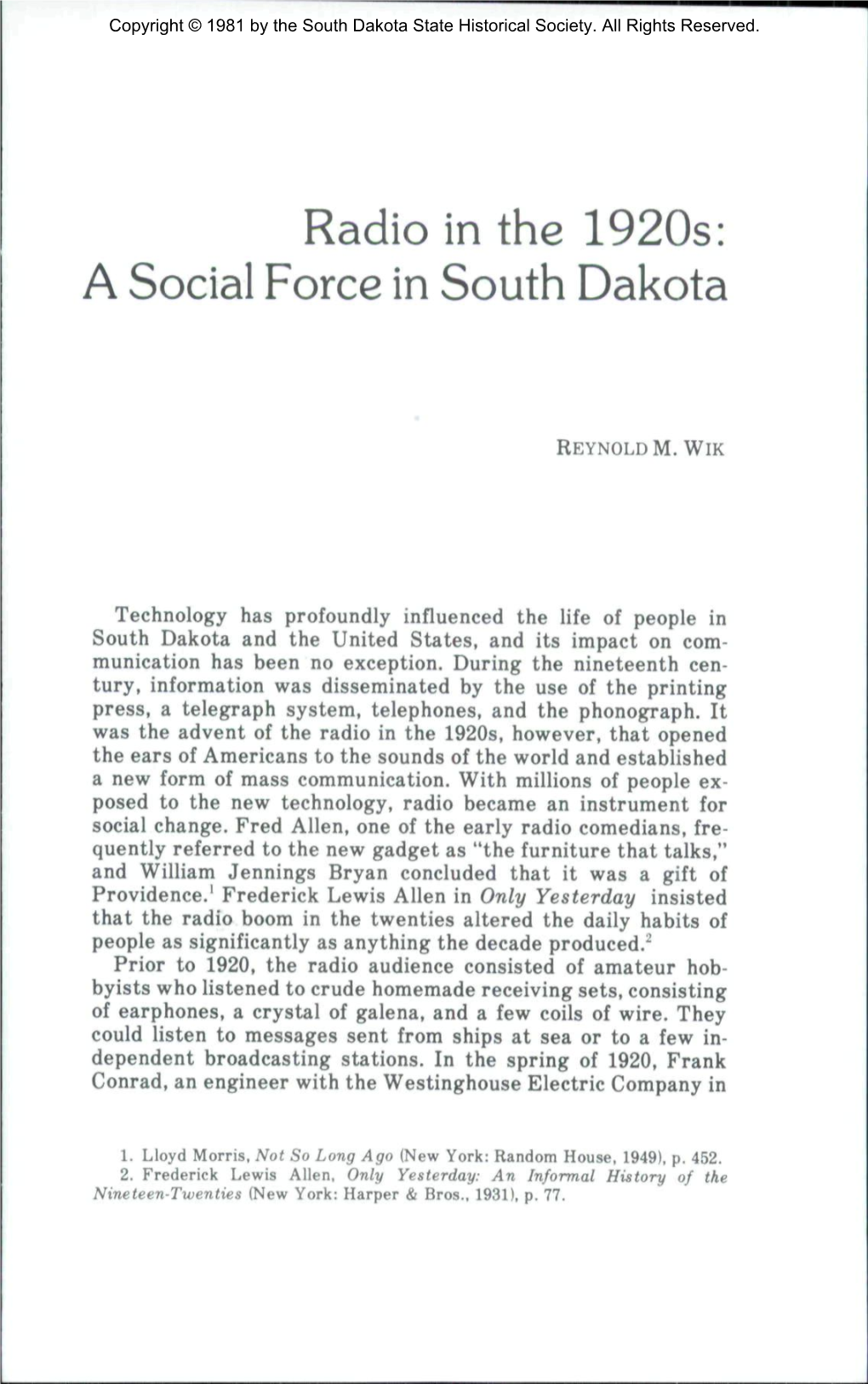 Radio in the 1920S: a Social Force in South Dakota