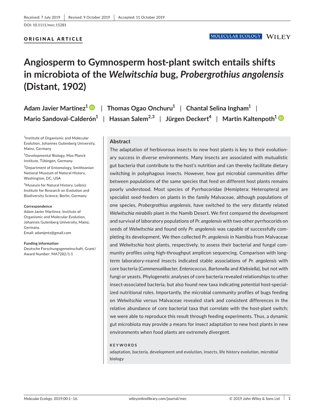 Plant Switch Entails Shifts in Microbiota of the Welwitschia Bug, Probergrothius Angolensis (Distant, 1902)