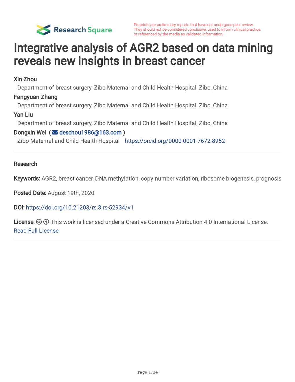 Integrative Analysis of AGR2 Based on Data Mining Reveals New Insights in Breast Cancer