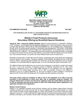 Western Forest Products Announces Secondary Offering by Brookfield Special Situations