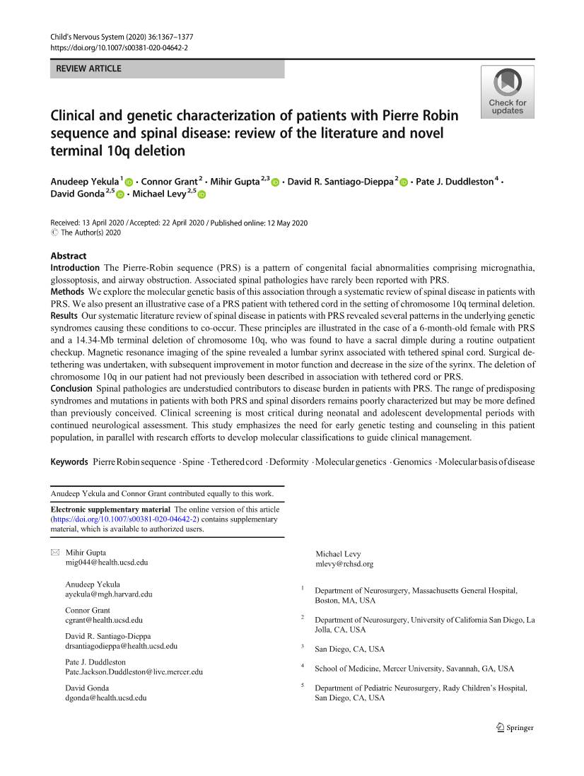 Clinical and Genetic Characterization of Patients with Pierre Robin Sequence and Spinal Disease: Review of the Literature and Novel Terminal 10Q Deletion