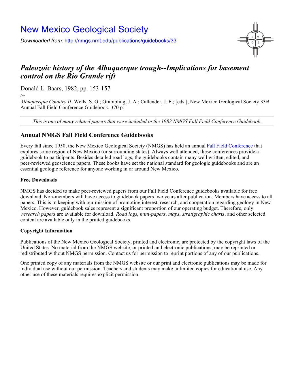 Paleozoic History of the Albuquerque Trough--Implications for Basement Control on the Rio Grande Rift Donald L