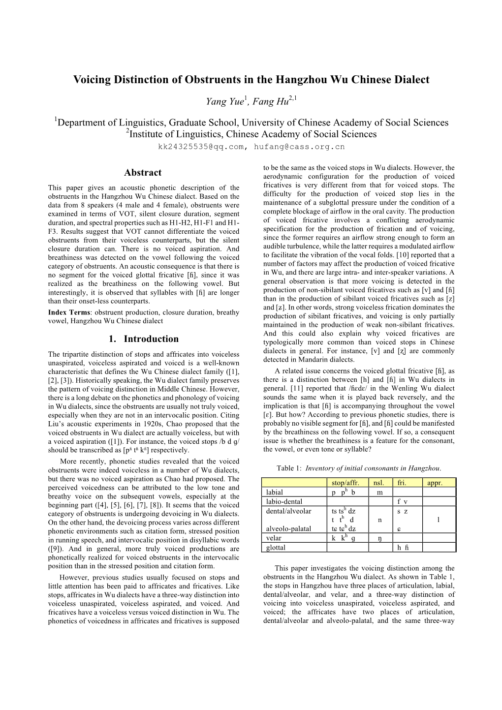 Voicing Distinction of Obstruents in the Hangzhou Wu Chinese Dialect