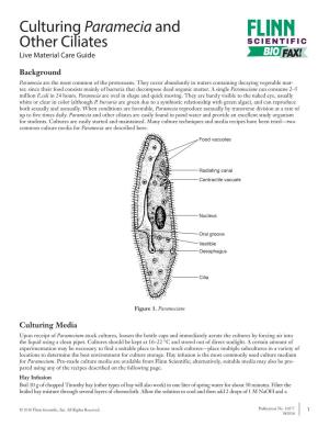 Culturing Paramecia and Other Ciliates SCIENTIFIC Live Material Care Guide BIO FAX!