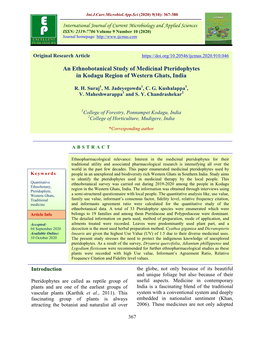 An Ethnobotanical Study of Medicinal Pteridophytes in Kodagu Region of Western Ghats, India