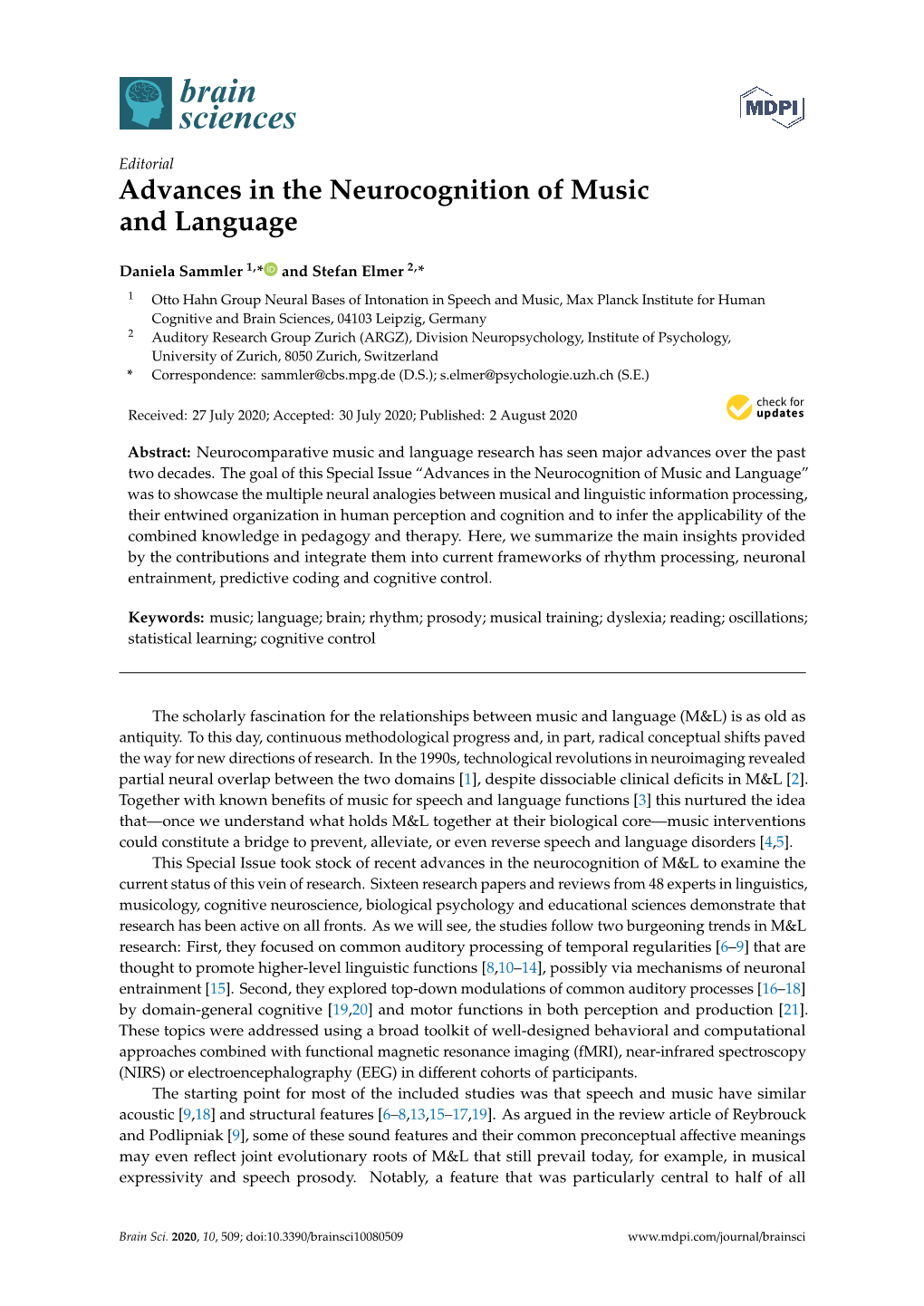 Advances in the Neurocognition of Music and Language