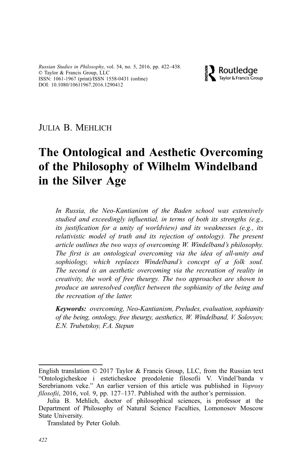 The Ontological and Aesthetic Overcoming of the Philosophy of Wilhelm Windelband in the Silver Age