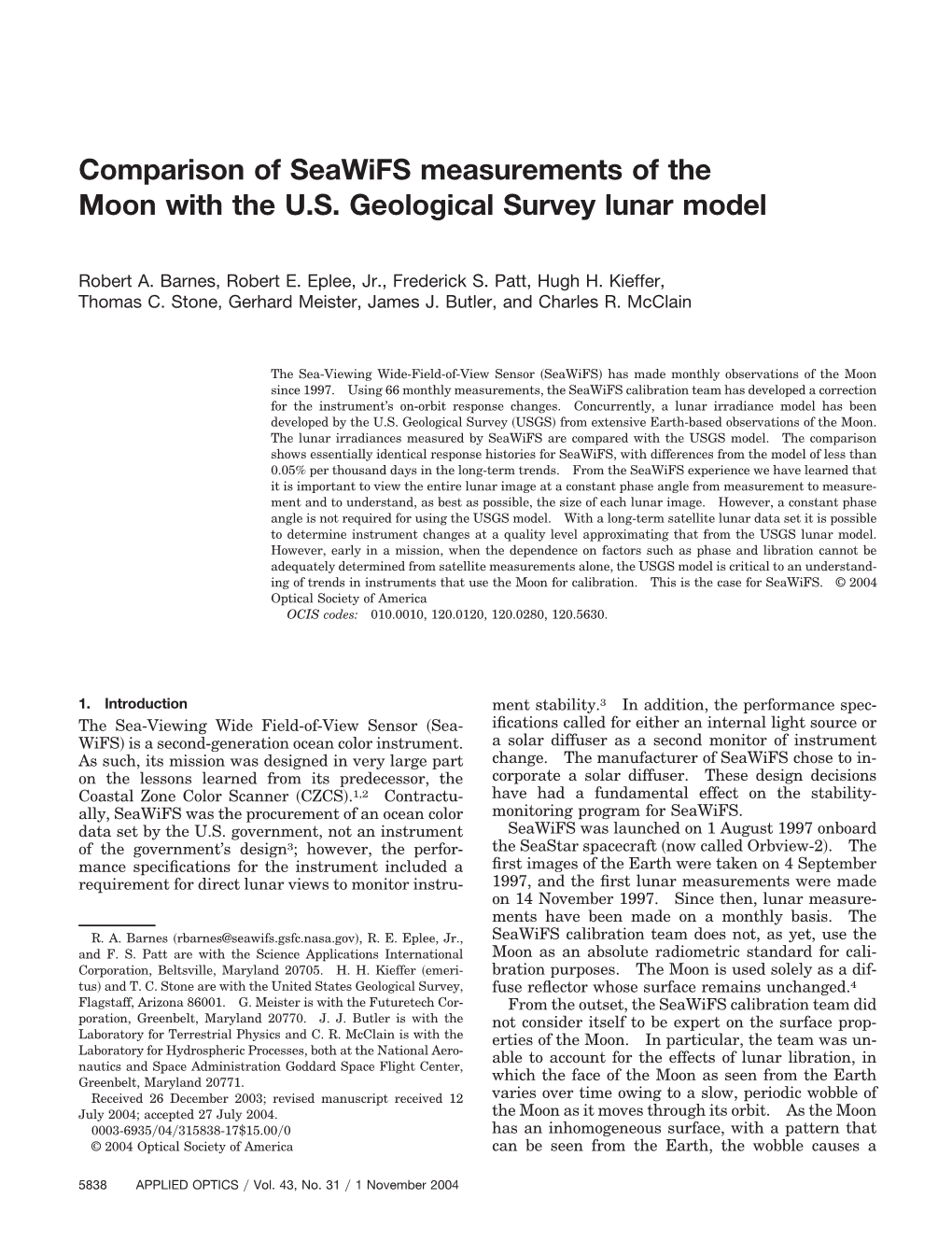 Comparison of Seawifs Measurements of the Moon with the U.S