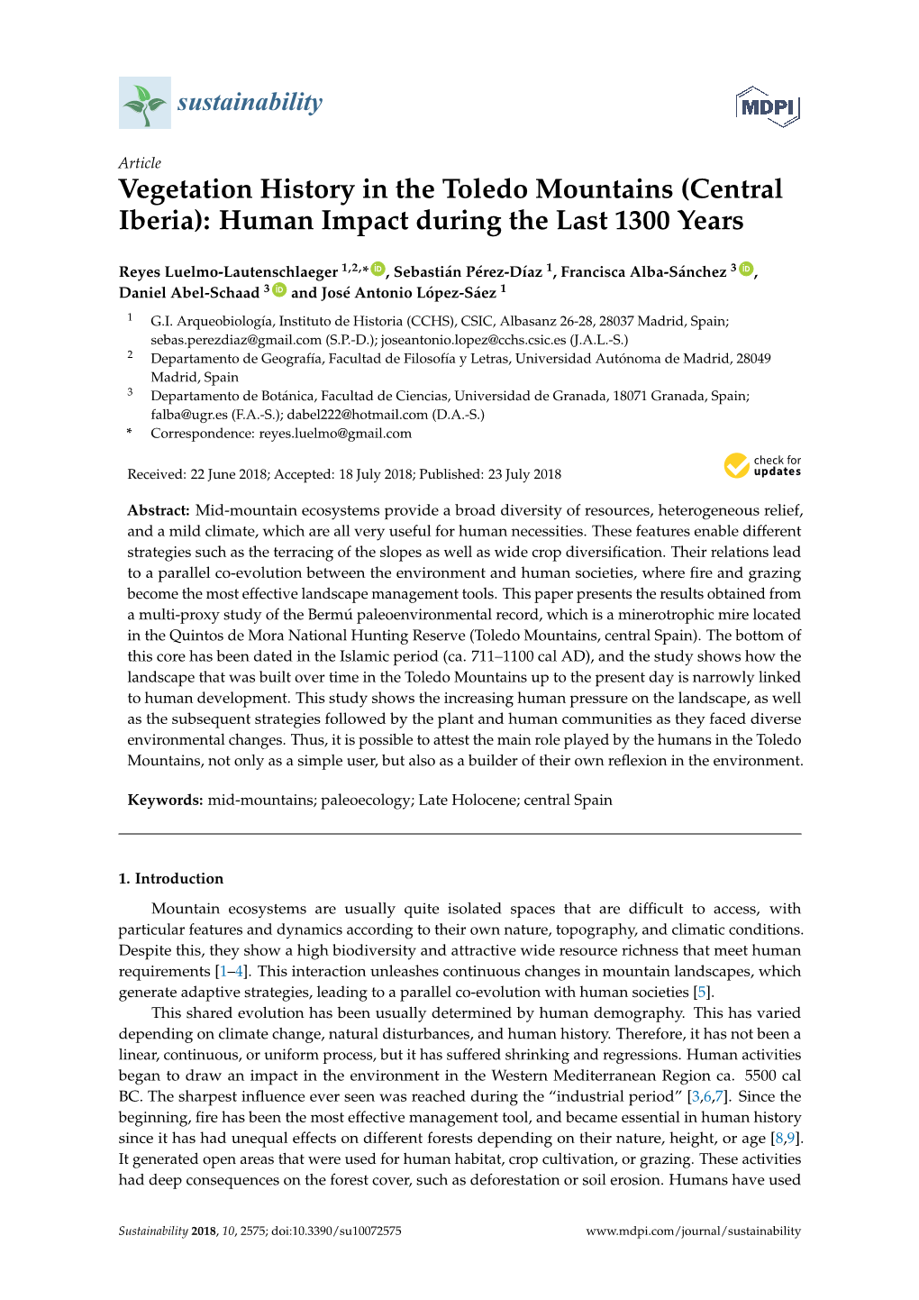 Vegetation History in the Toledo Mountains (Central Iberia): Human Impact During the Last 1300 Years