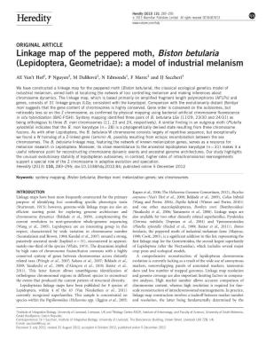 Linkage Map of the Peppered Moth, Biston Betularia (Lepidoptera, Geometridae): a Model of Industrial Melanism